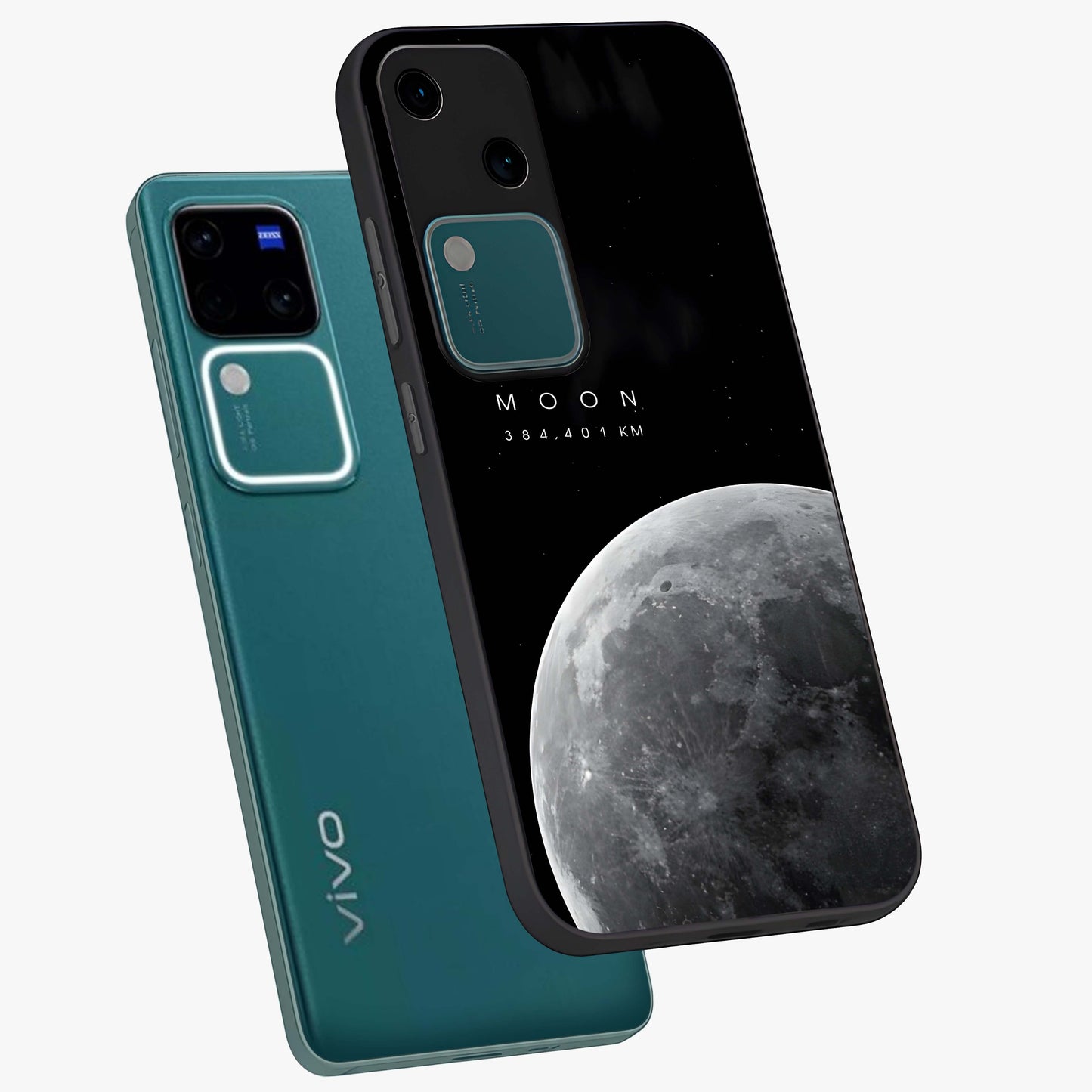 Cosmic Moon Glow Glass Case displayed in angled mockup highlighting celestial moon design with cosmic aesthetic theme.