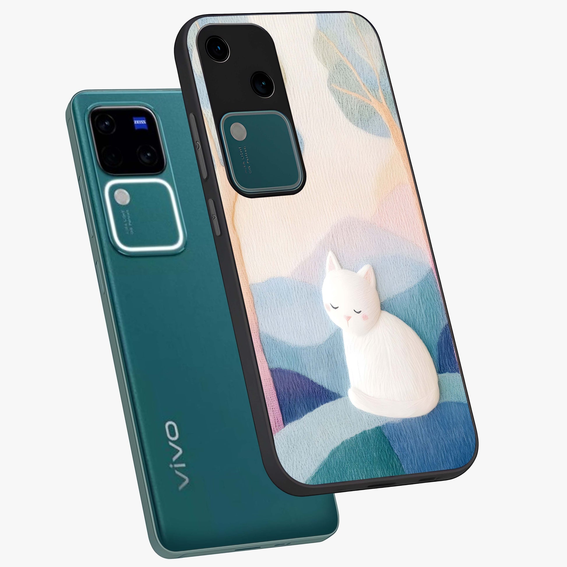 Cotton Dream Cat Glass Case displayed in angled mockup highlighting cute feline illustration with pastel aesthetic style.