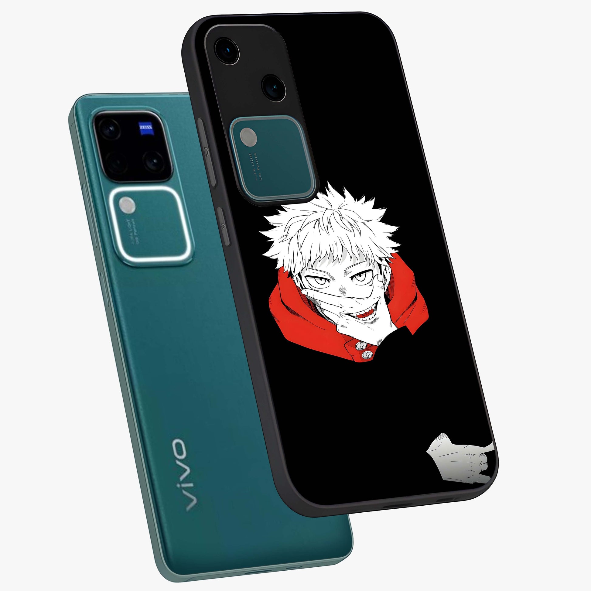 Crimson Chaos Smile Glass Case displayed in angled mockup highlighting edgy crimson smile design with graphic aesthetic.