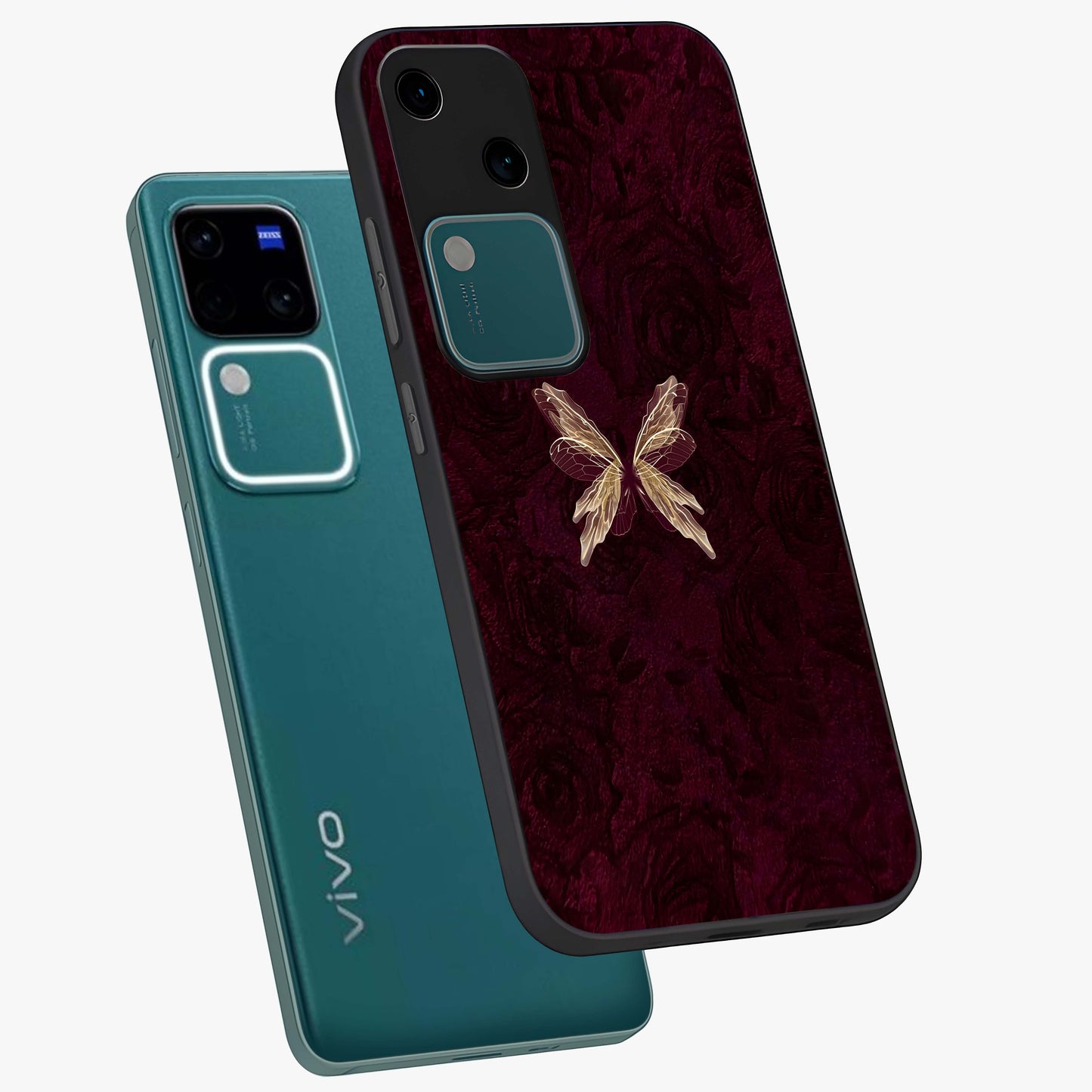 Crimson Fade Butterfly Glass Case displayed in angled mockup highlighting elegant butterfly design with crimson gradient aesthetic.