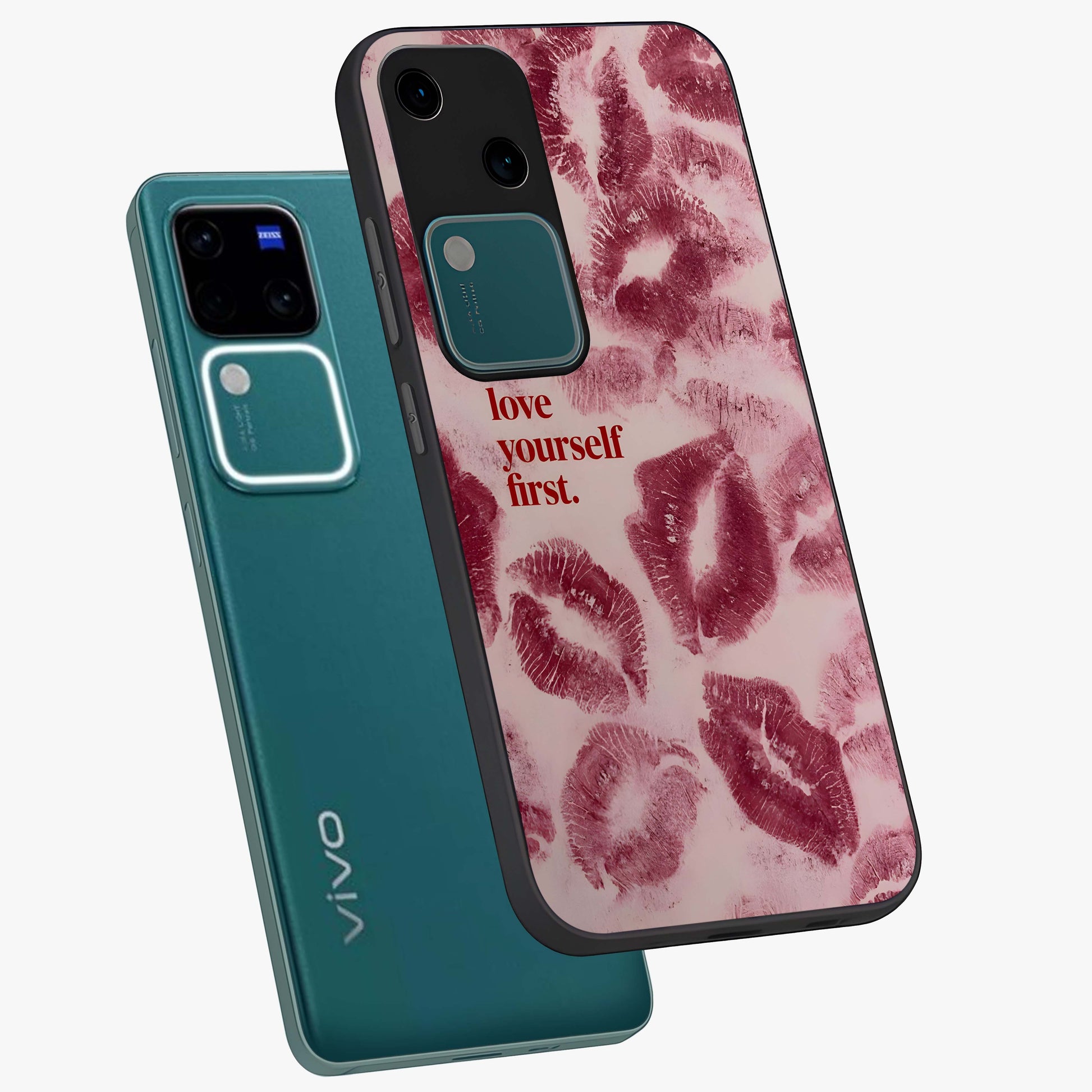Crimson Kiss Love Glass Case displayed in angled mockup highlighting bold love inspired design with modern aesthetic style.