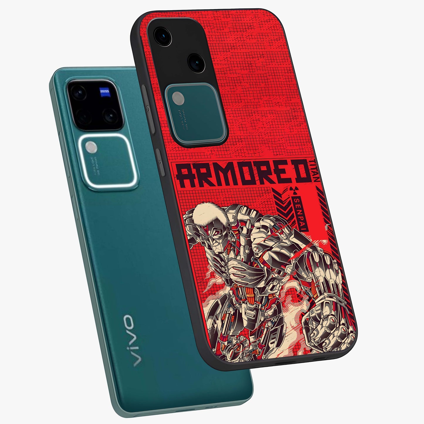 Crimson Mecha Titan Glass Case displayed in angled mockup highlighting futuristic mech illustration with bold crimson aesthetic.