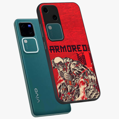 Crimson Mecha Titan Glass Case displayed in angled mockup highlighting futuristic mech illustration with bold crimson aesthetic.