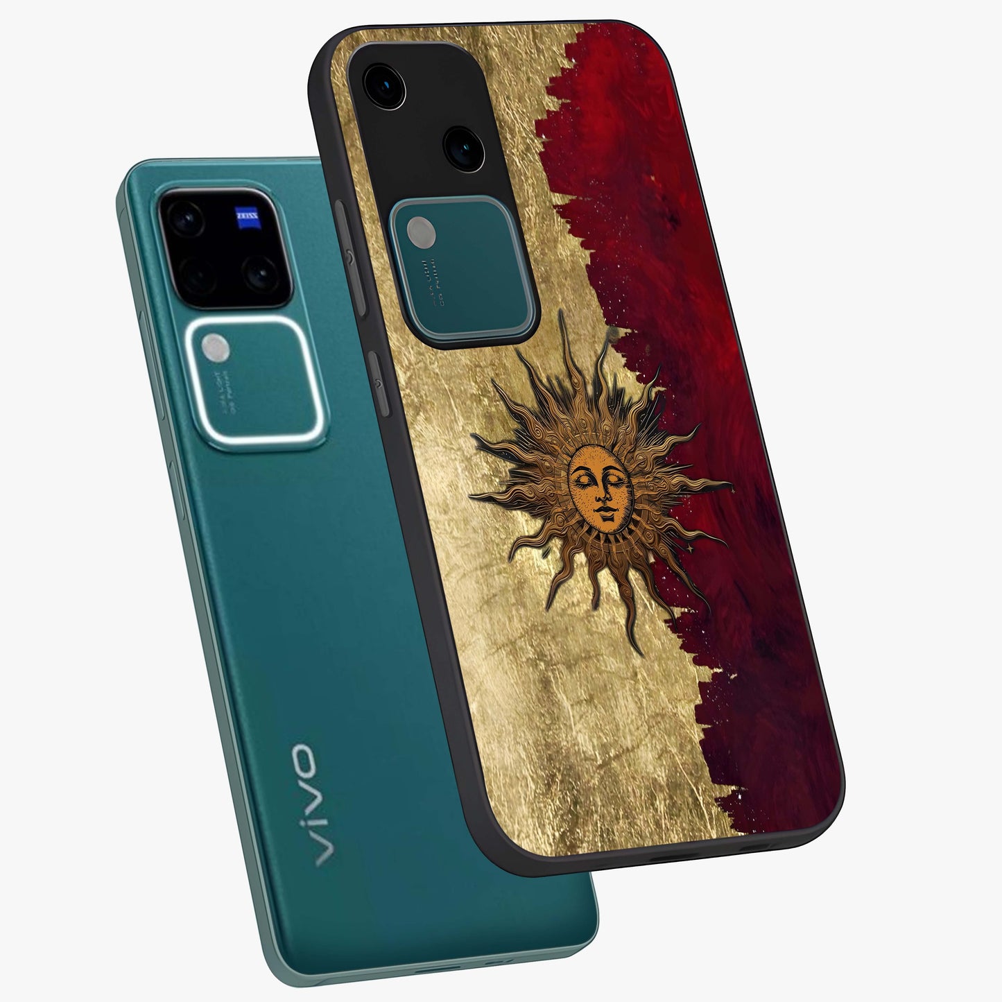 Crimson Sun Majesty Glass Case displayed in angled mockup highlighting majestic crimson sun design with bold aesthetic style.