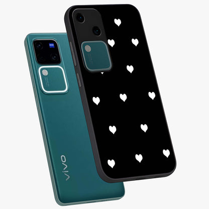 Cute And Simple White Hearts Glass Case displayed in angled mockup highlighting cute heart design with clean aesthetic style.