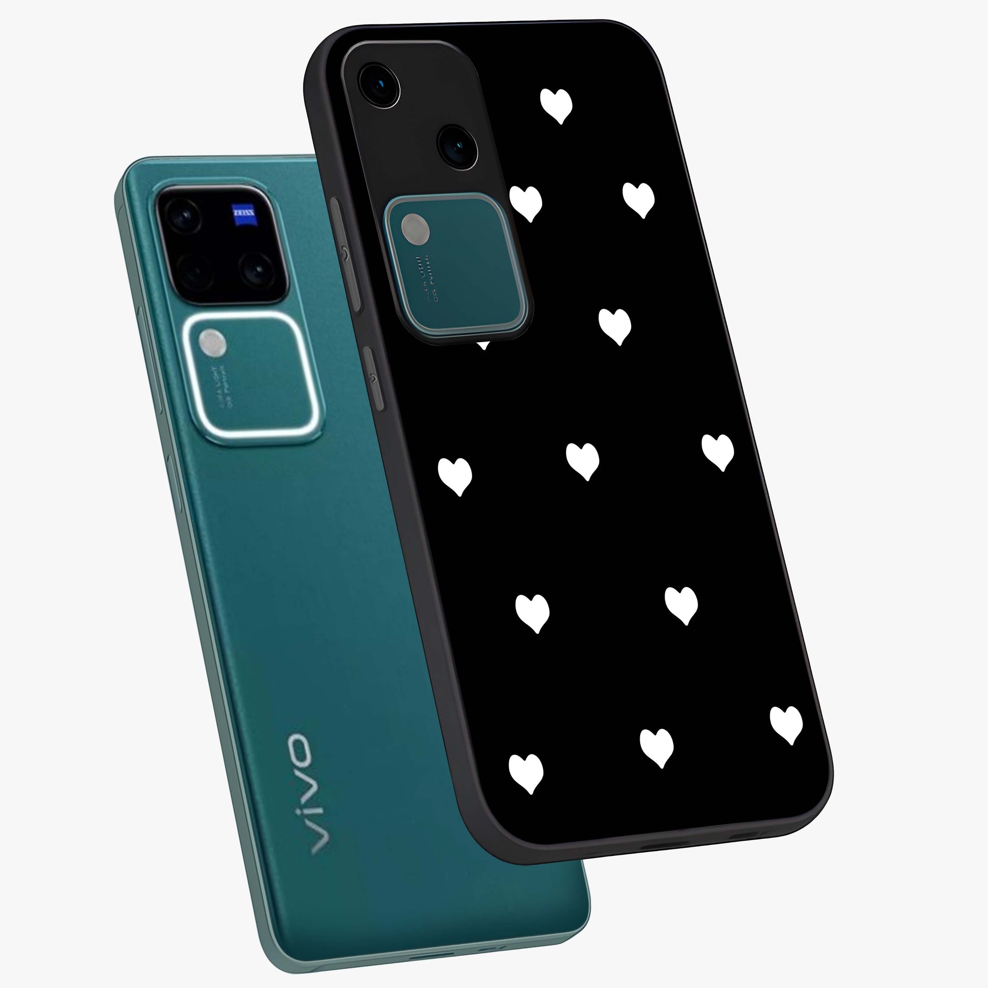 Cute And Simple White Hearts Glass Case displayed in angled mockup highlighting cute heart design with clean aesthetic style.