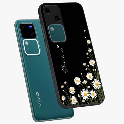 Daisy Cascade Custom Name Glass Case displayed in angled mockup highlighting delicate daisy artwork with custom name feature.