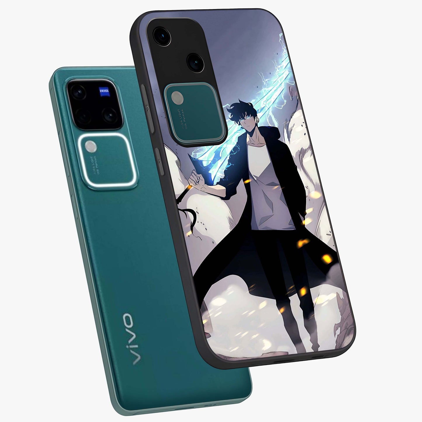 Dark Lightning Anime Warrior Glass Case displayed in angled mockup highlighting powerful lightning themed anime illustration.