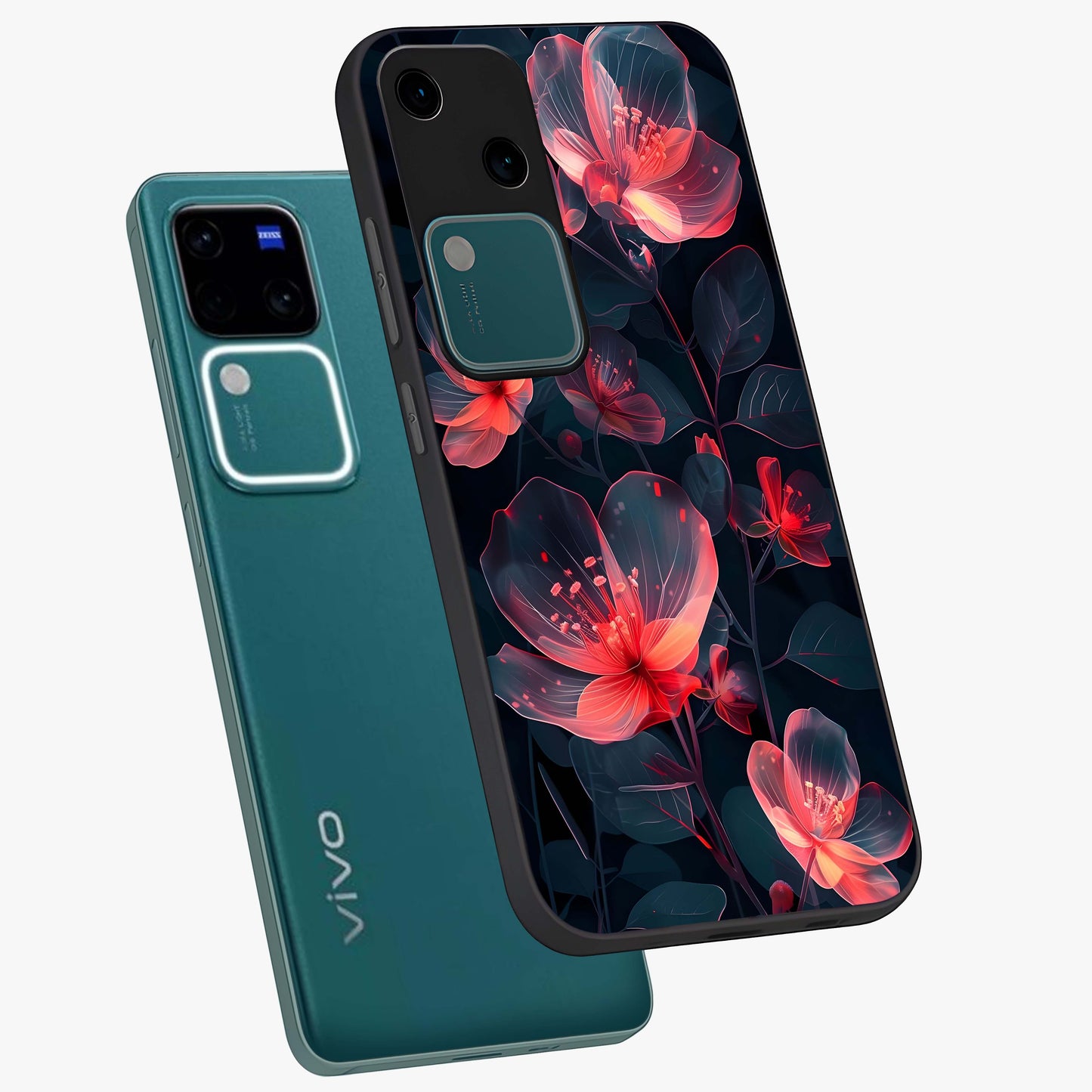 Dark Shade of Flower Glass Case displayed in angled mockup highlighting moody floral illustration with aesthetic dark tones.