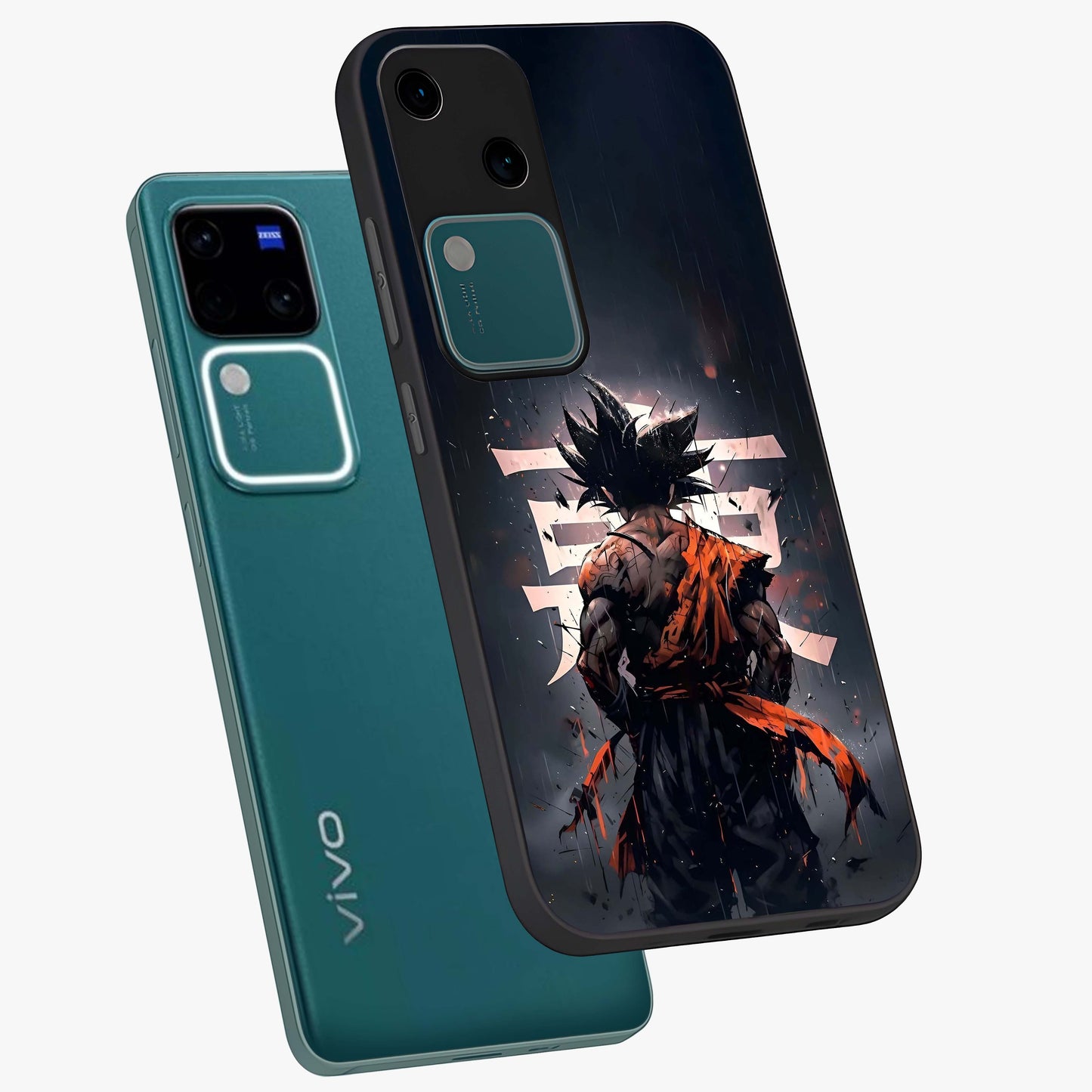 Dark Warrior In Rain Glass Case displayed in angled mockup highlighting dramatic warrior illustration with dark rain aesthetic.