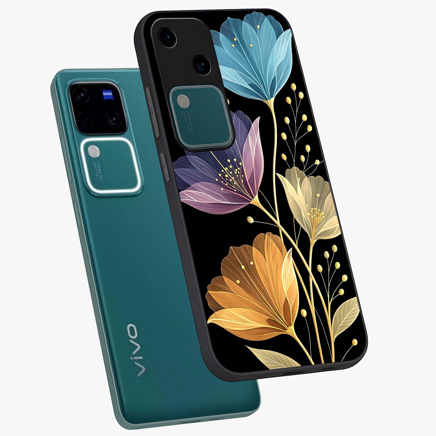 Delicate Multicolor Flowers Glass Case displayed in angled mockup highlighting colorful flower pattern with soft aesthetic style.