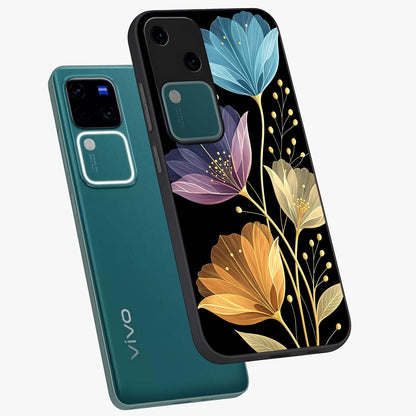 Delicate Multicolor Flowers Glass Case displayed in angled mockup highlighting colorful flower pattern with soft aesthetic style.