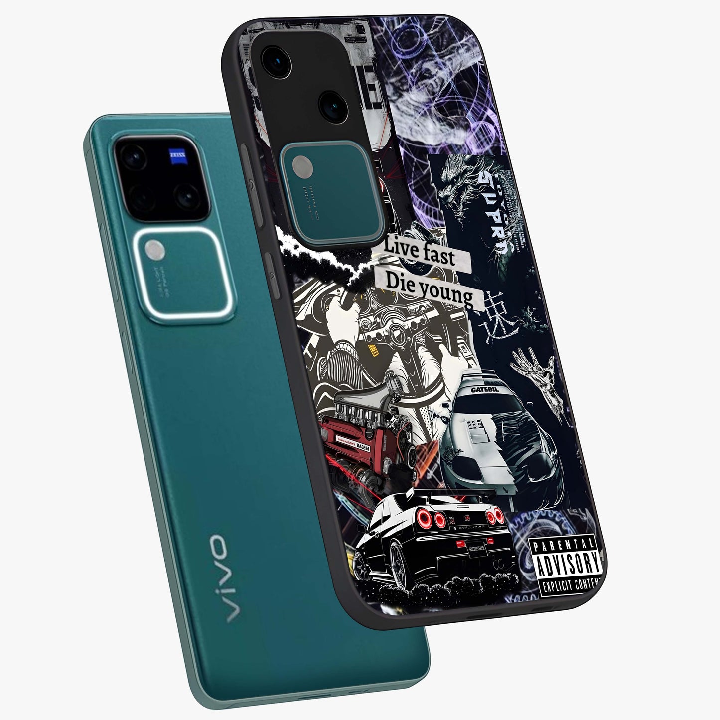 Die Young Glass Case displayed in angled mockup highlighting expressive graphic artwork with edgy aesthetic style.