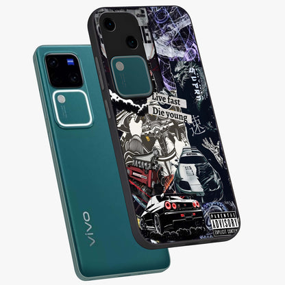Die Young Glass Case displayed in angled mockup highlighting expressive graphic artwork with edgy aesthetic style.