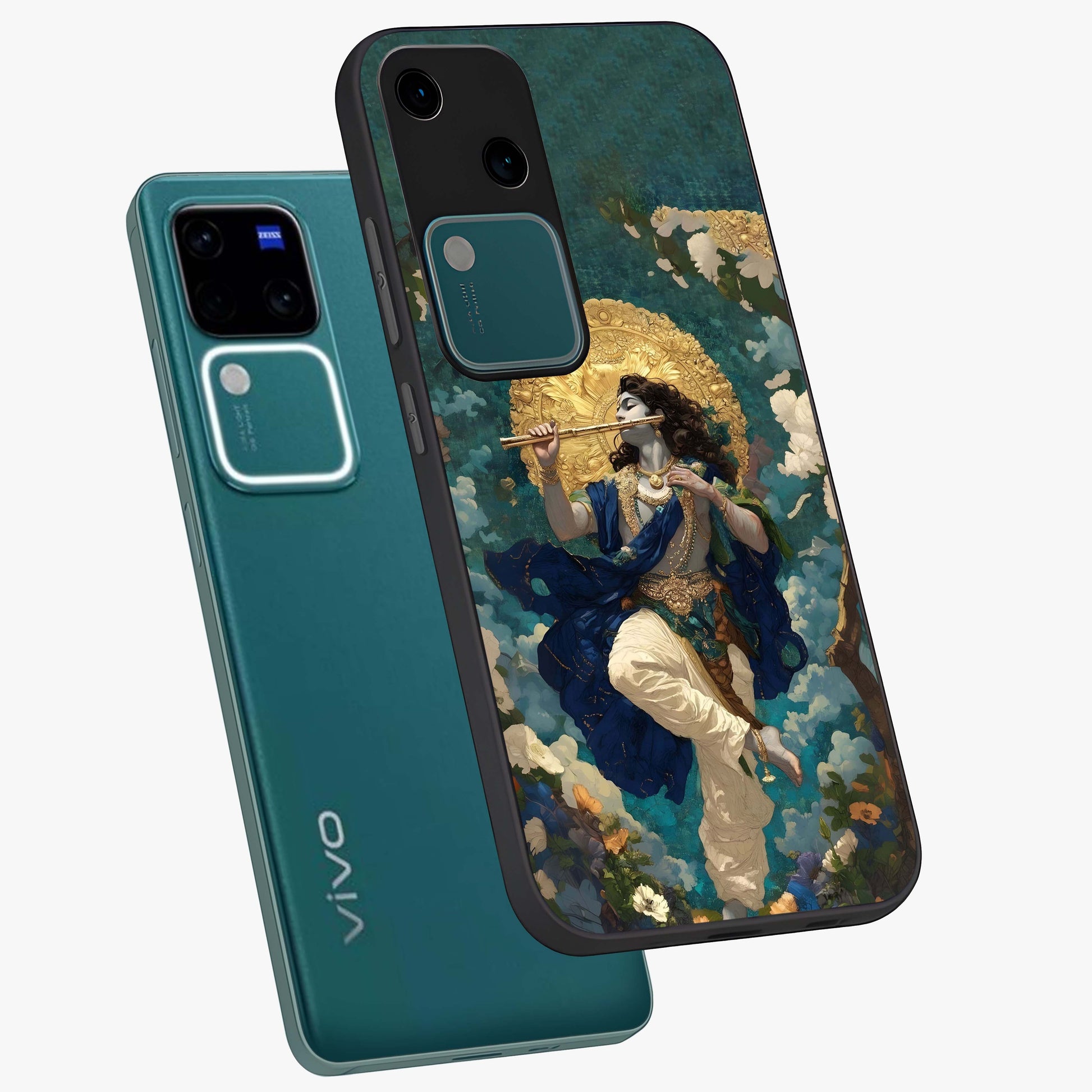 Divine Krishna Art Glass Case displayed in angled mockup highlighting spiritual Krishna illustration with devotional aesthetic.