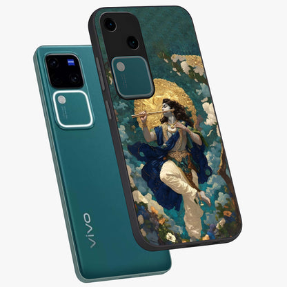 Divine Krishna Art Glass Case displayed in angled mockup highlighting spiritual Krishna illustration with devotional aesthetic.