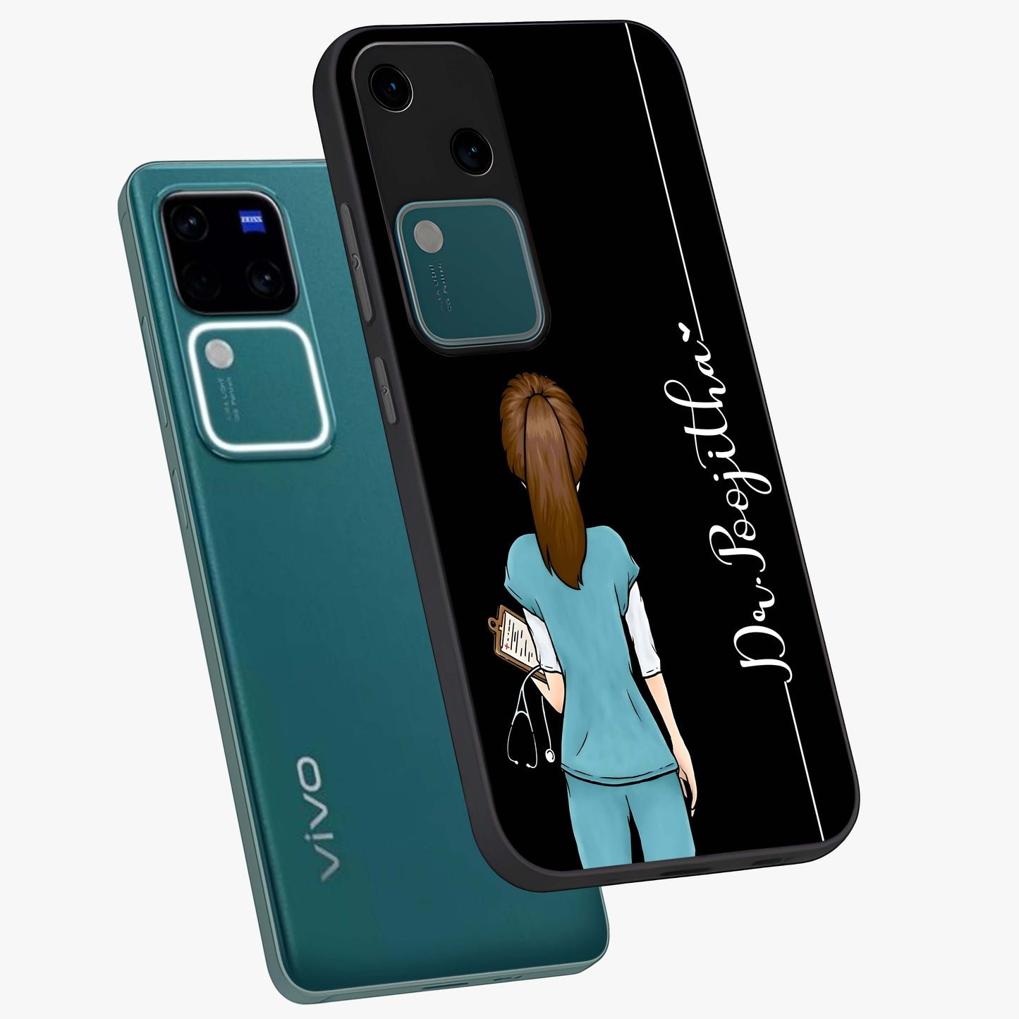 Doctor Pattern Custom Name Glass Case displayed in angled mockup highlighting doctor inspired artwork with custom name feature.