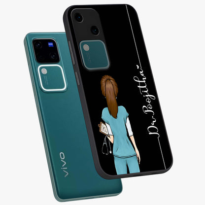 Doctor Pattern Custom Name Glass Case displayed in angled mockup highlighting doctor inspired artwork with custom name feature.