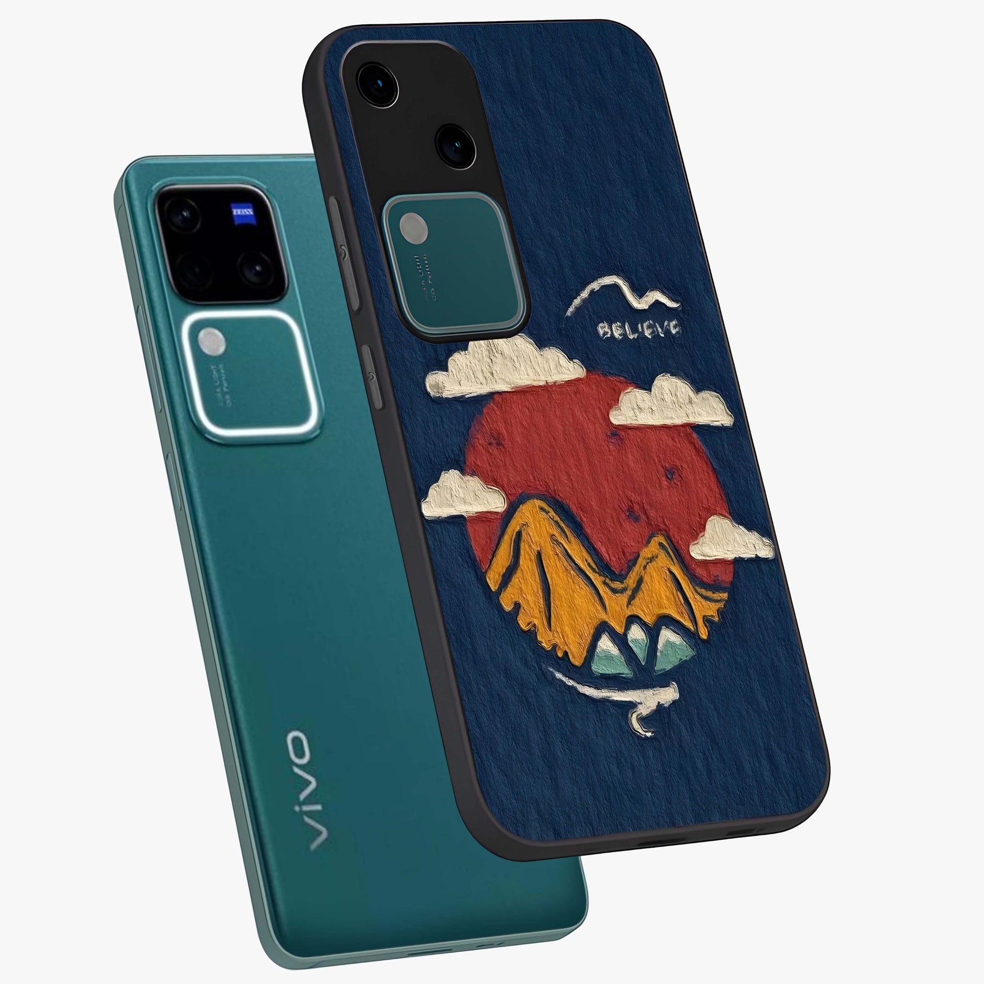 Dream Beyond Mountains Glass Case displayed in angled mockup highlighting dreamy mountain illustration with peaceful aesthetic.
