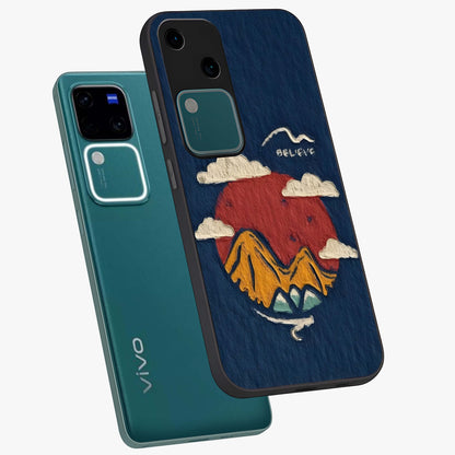 Dream Beyond Mountains Glass Case displayed in angled mockup highlighting dreamy mountain illustration with peaceful aesthetic.