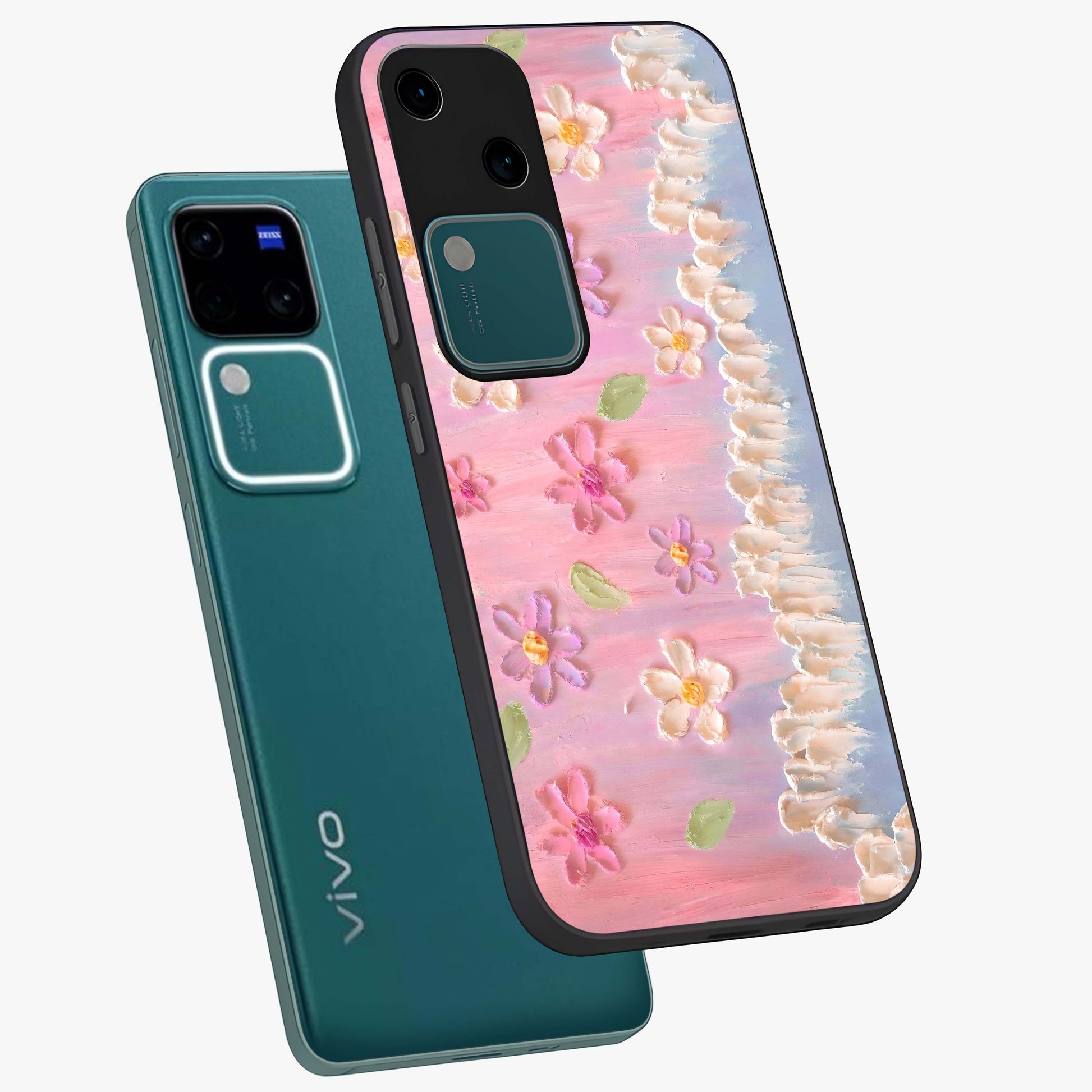 Dreamy Painted Garden Glass Case displayed in angled mockup highlighting colorful garden illustration with dreamy aesthetic style.