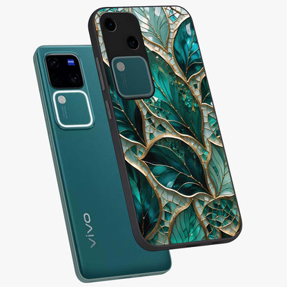 Emerald Leaf Glass Glass Case displayed in angled mockup highlighting botanical leaf illustration with elegant natural aesthetic.