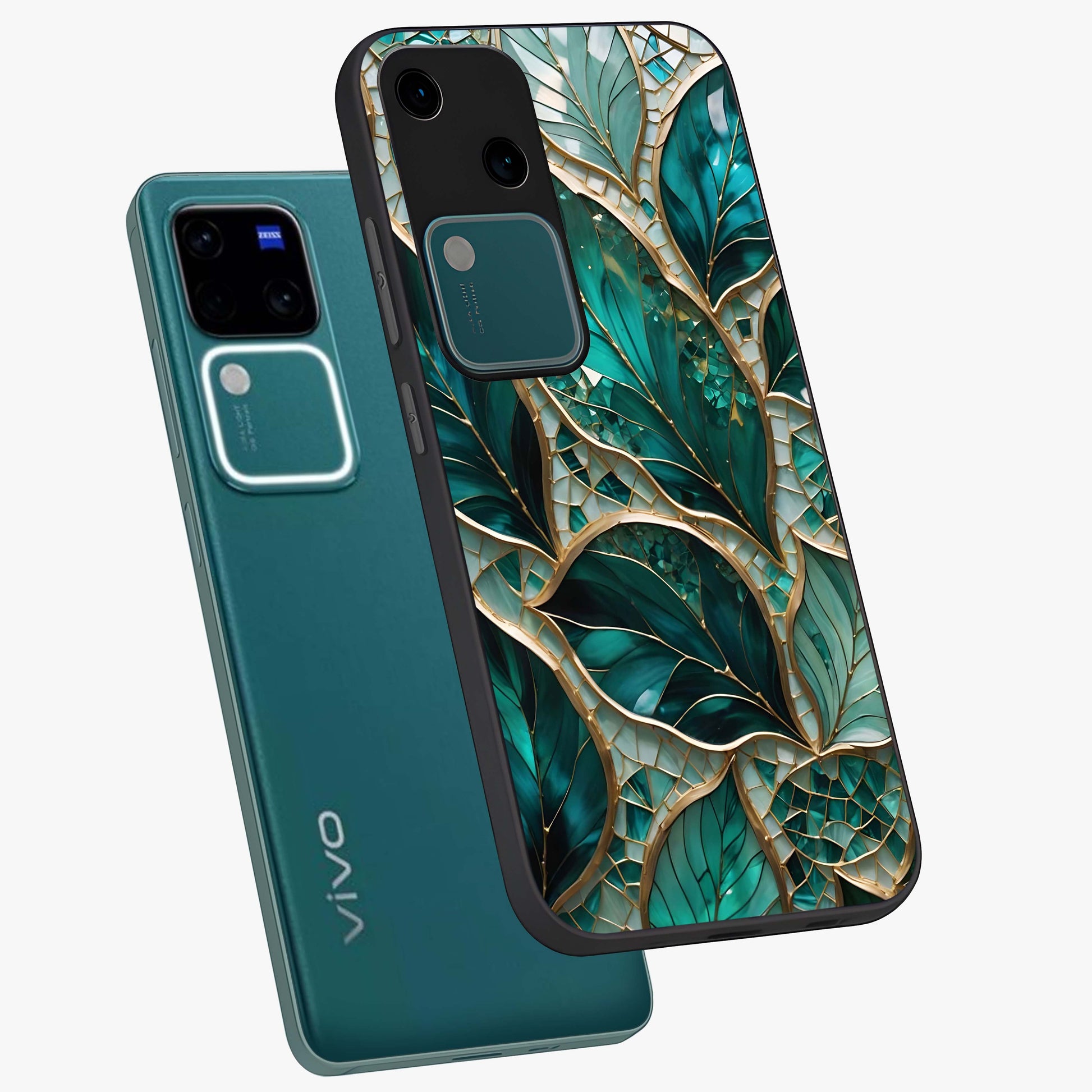 Emerald Leaf Glass Glass Case displayed in angled mockup highlighting botanical leaf illustration with elegant natural aesthetic.
