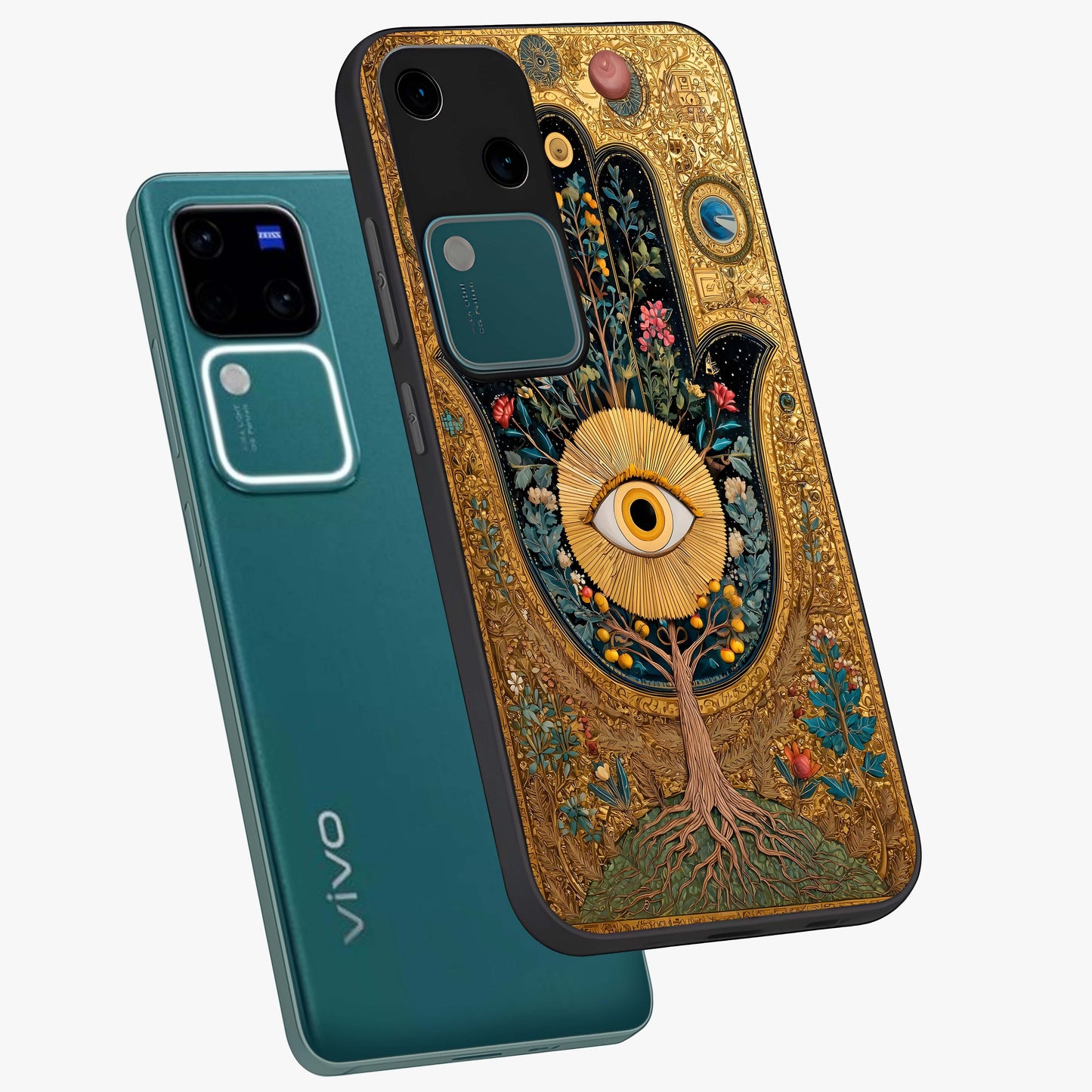 Ethereal Evil Eye Glass Case displayed in angled mockup highlighting protective evil eye symbol with spiritual aesthetic design.