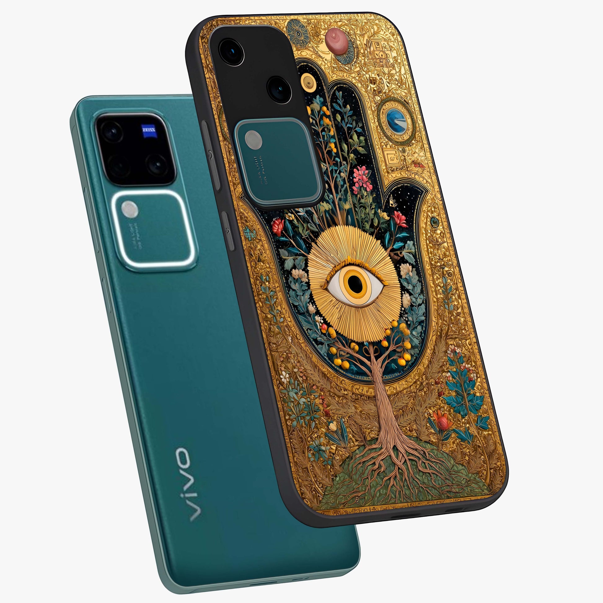 Ethereal Evil Eye Glass Case displayed in angled mockup highlighting protective evil eye symbol with spiritual aesthetic design.