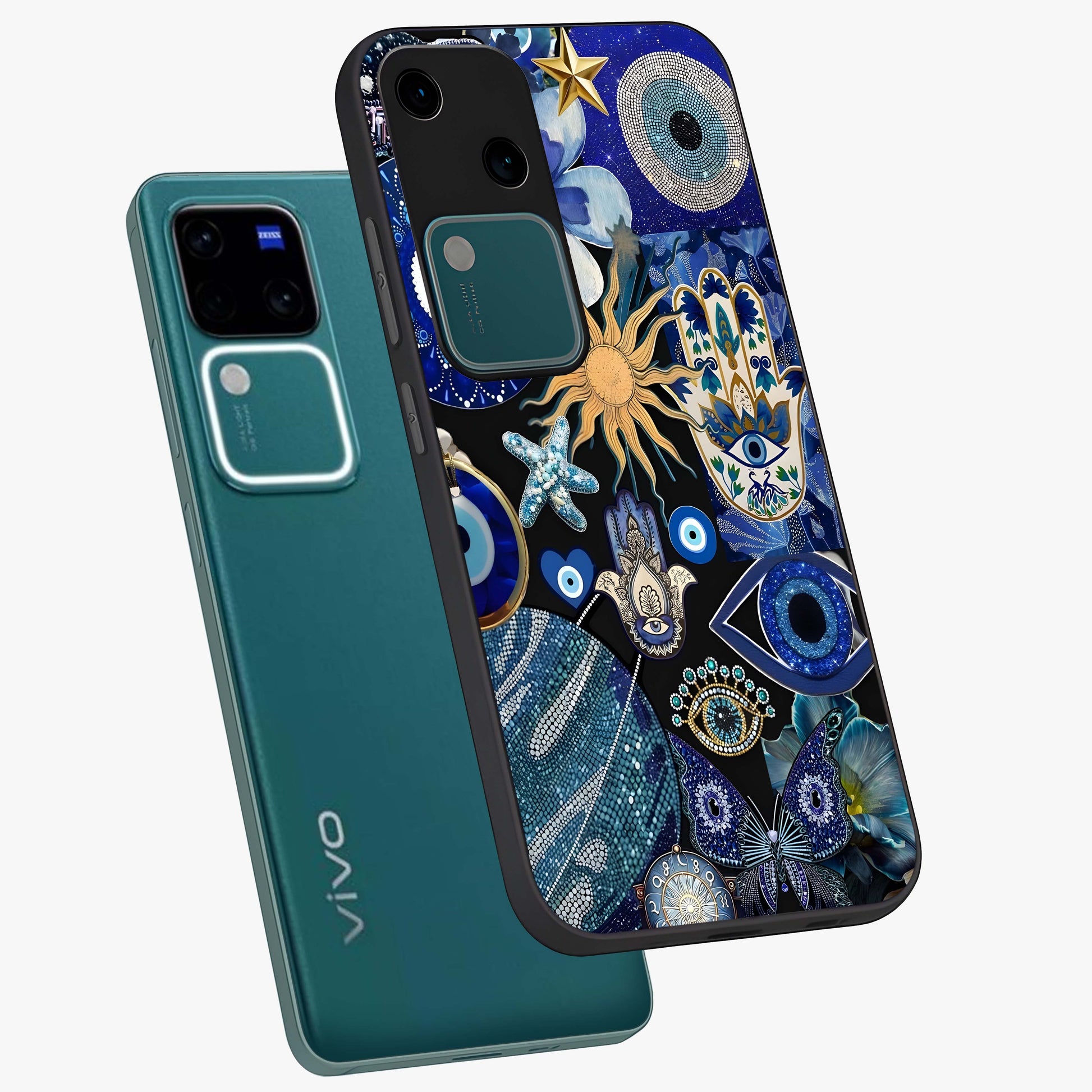 Evil Eye Charm Mix Glass Case displayed in angled mockup highlighting protective evil eye symbols with spiritual aesthetic design.