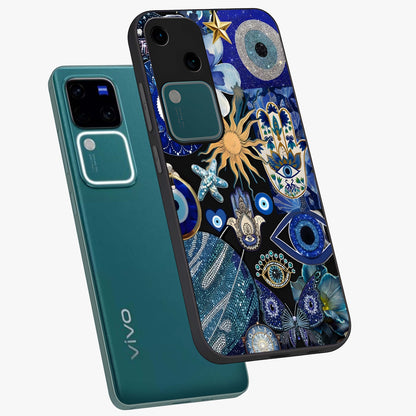 Evil Eye Charm Mix Glass Case displayed in angled mockup highlighting protective evil eye symbols with spiritual aesthetic design.