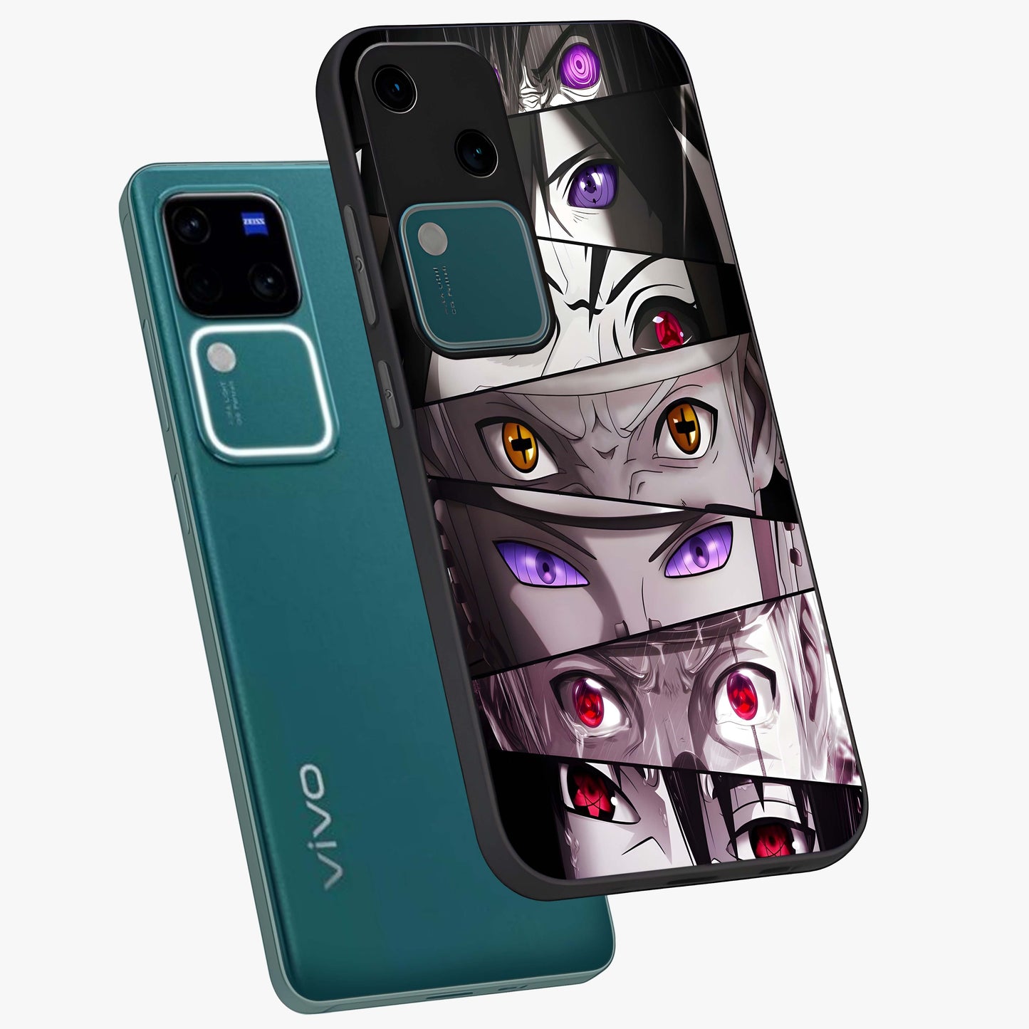 Eyes of Destiny Glass Case displayed in angled mockup highlighting bold eye illustration with mystical aesthetic style.