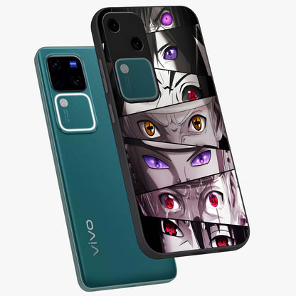 Eyes of Destiny Glass Case displayed in angled mockup highlighting bold eye illustration with mystical aesthetic style.