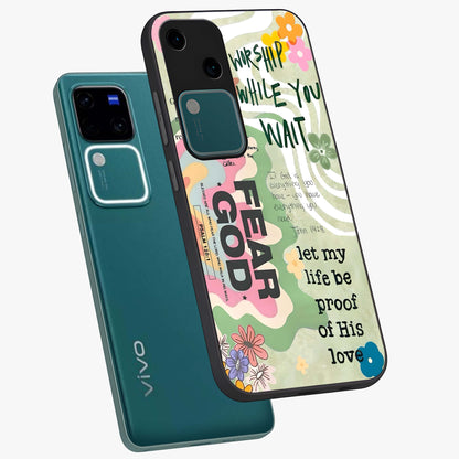 Faith Over Fear Glass Case displayed in angled mockup highlighting inspirational message design with modern aesthetic style.