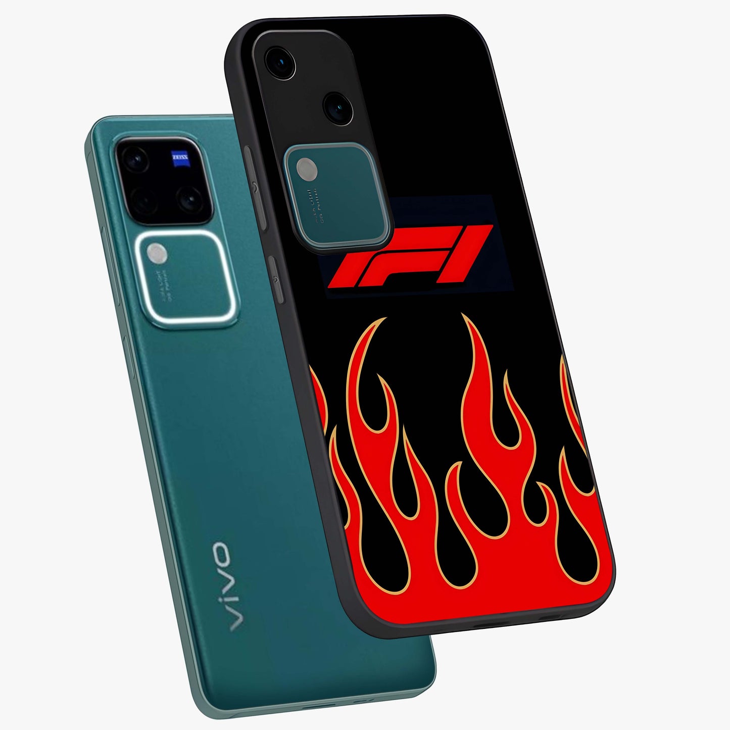 Fire F11 Glass Case displayed in angled mockup highlighting bold fire inspired graphic with energetic aesthetic style.