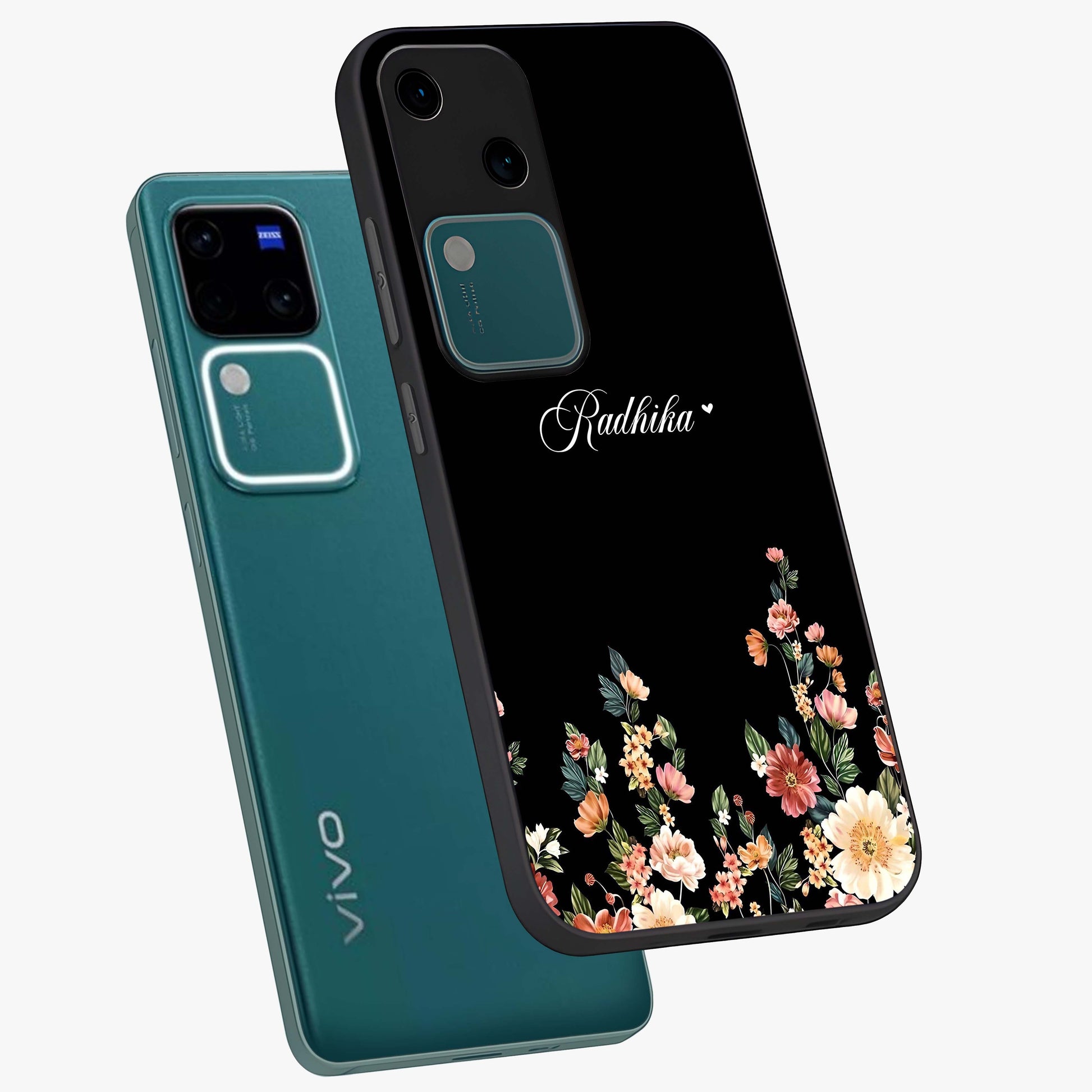 Floral Design With a Custom Personalized Name Glass Case displayed in angled mockup highlighting elegant floral pattern with custom name feature.