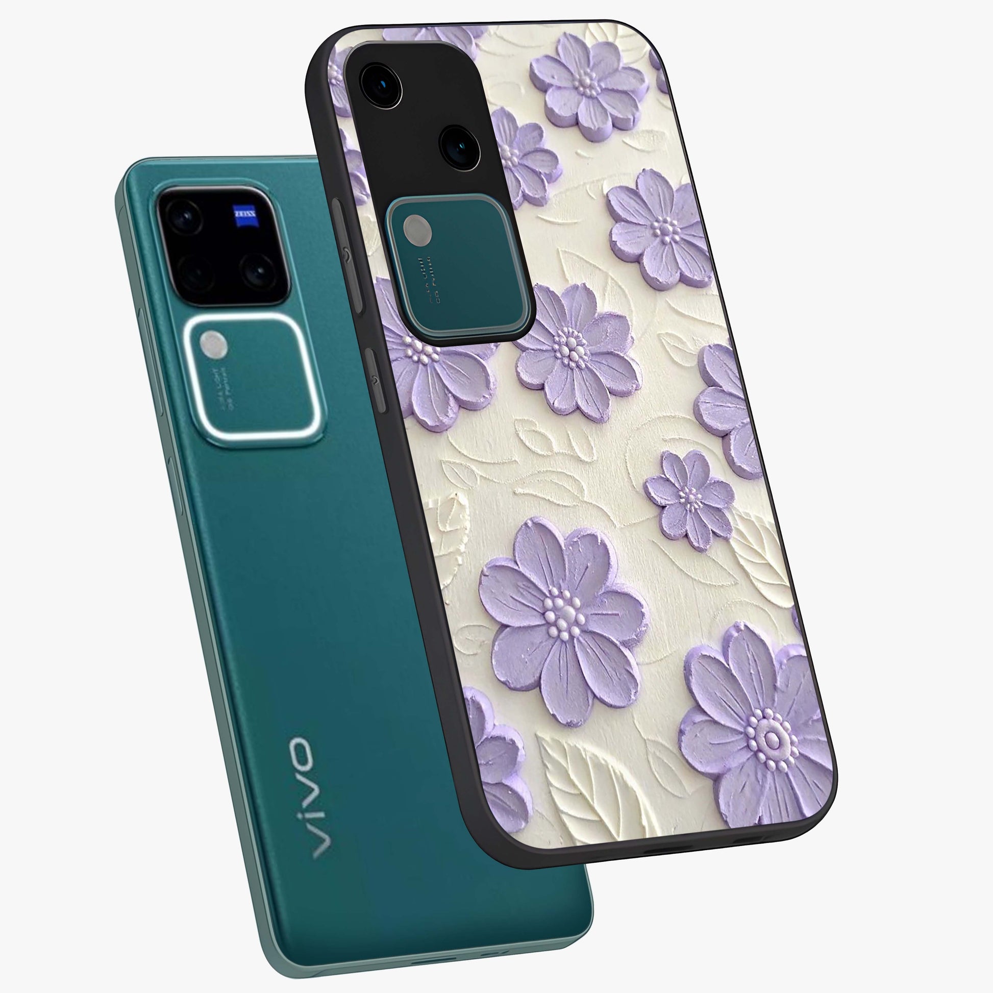 Floral Wall Art With Purple Flowers Glass Case displayed in angled mockup highlighting vibrant purple floral illustration with artistic aesthetic.
