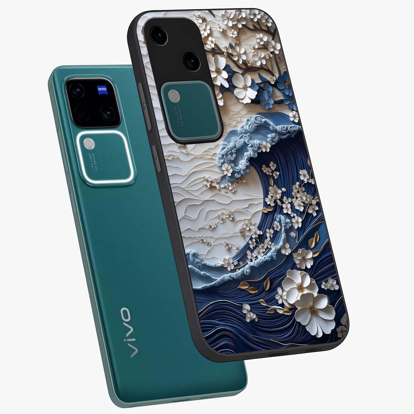 Floral Wave Origami Glass Case displayed in angled mockup highlighting geometric origami flower design with modern aesthetic style.