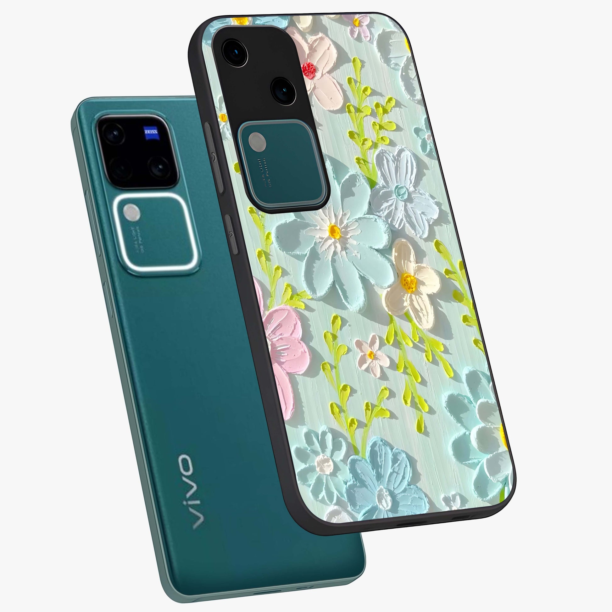 Frosted Petal Garden Glass Case displayed in angled mockup highlighting delicate flower petal design with calm garden aesthetic.