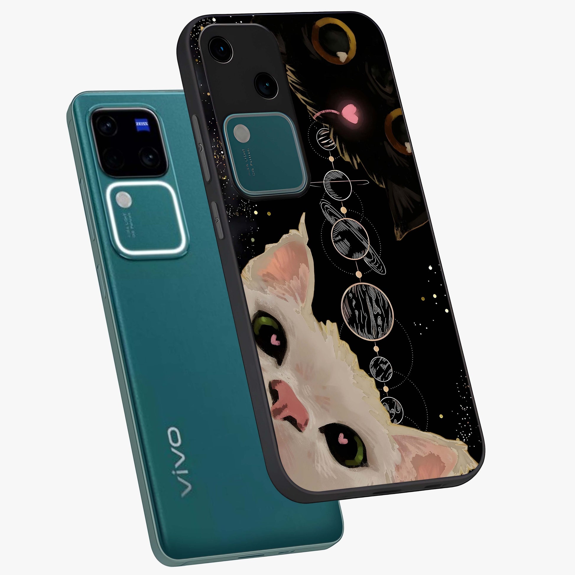 Galactic Cat Glass Case displayed in angled mockup highlighting celestial feline illustration with galaxy aesthetic style.
