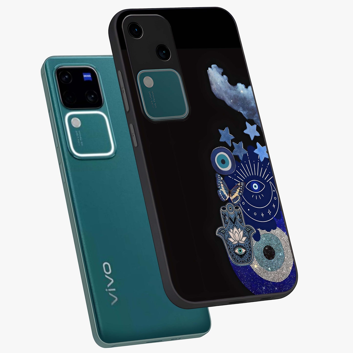 Galactic Charm Cluster Glass Case displayed in angled mockup highlighting luminous galaxy inspired design with dreamy aesthetic.
