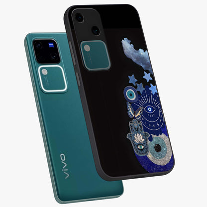 Galactic Charm Cluster Glass Case displayed in angled mockup highlighting luminous galaxy inspired design with dreamy aesthetic.