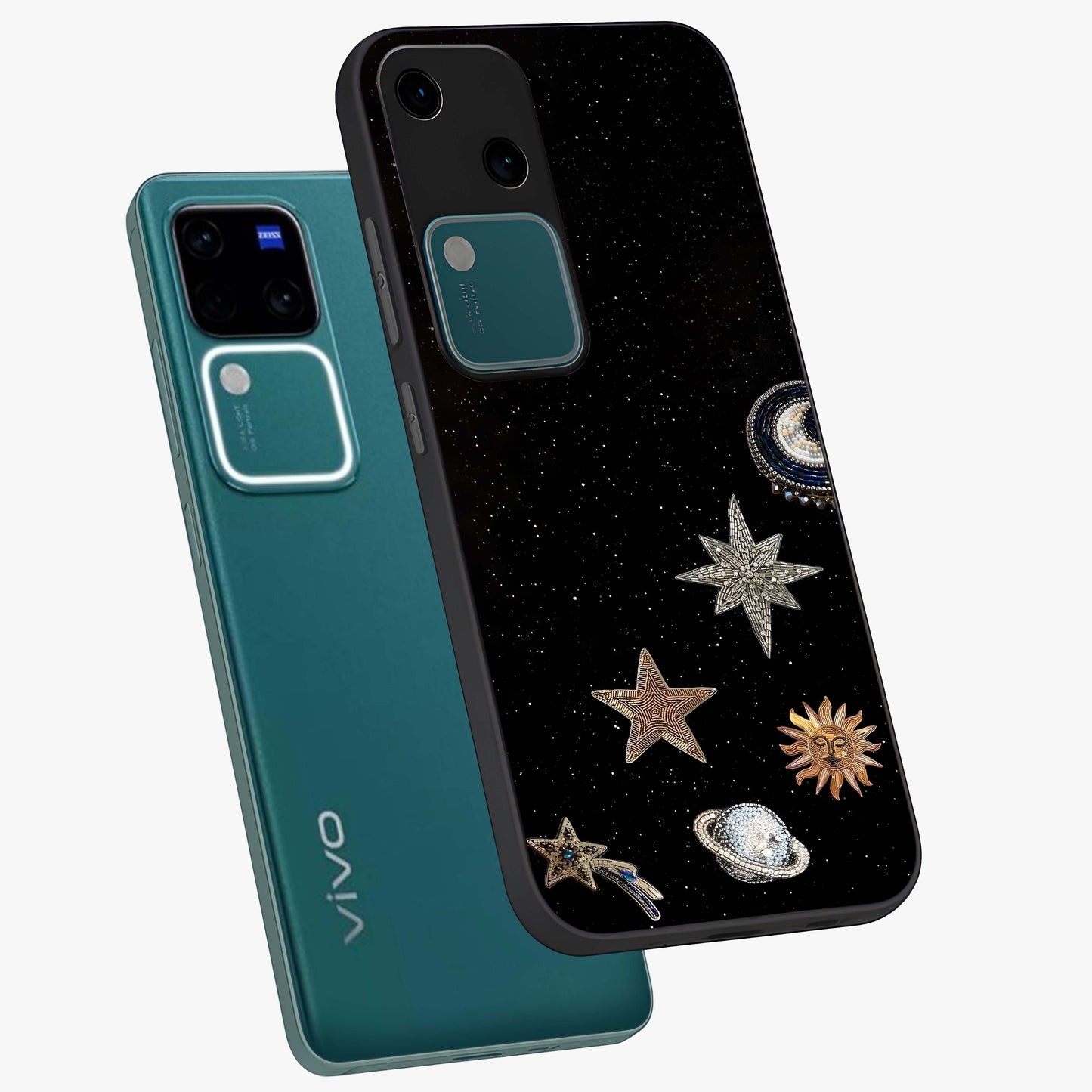 Galactic Charm Glow Glass Case displayed in angled mockup highlighting luminous galaxy inspired design with dreamy aesthetic.
