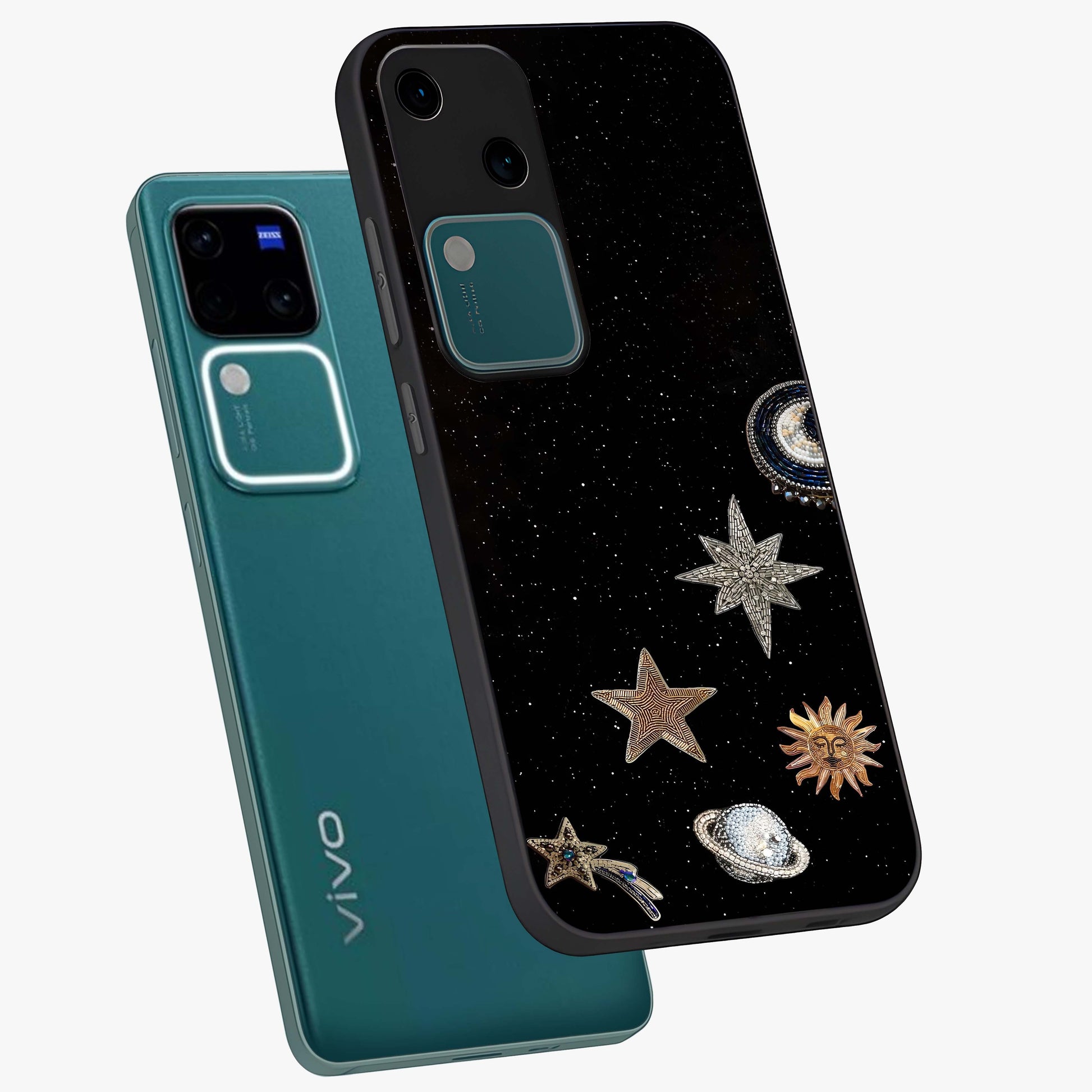 Galactic Charm Glow Glass Case displayed in angled mockup highlighting luminous galaxy inspired design with dreamy aesthetic.