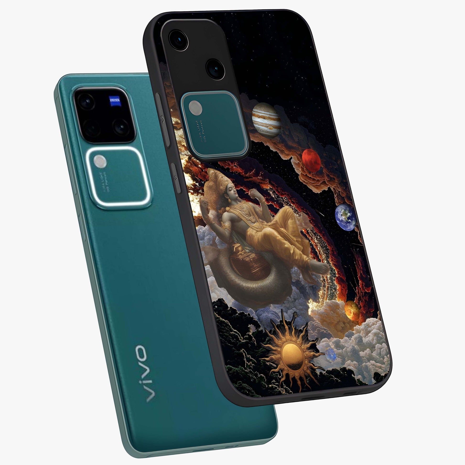 Galactic Divine God Glass Case displayed in angled mockup highlighting powerful celestial deity illustration with galactic aesthetic.