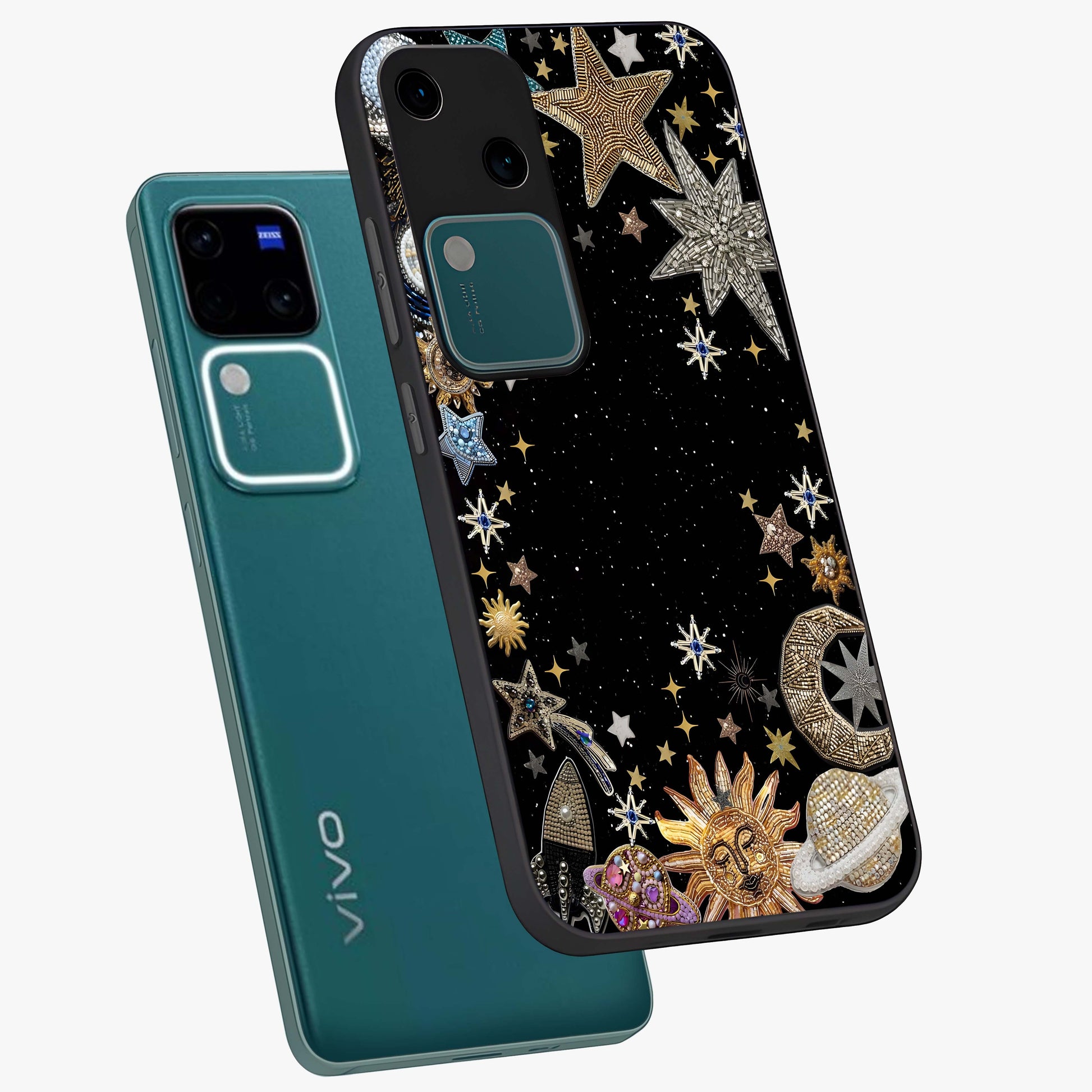 Galactic Jewel Stars Glass Case displayed in angled mockup highlighting shining celestial star design with cosmic aesthetic style.