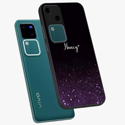 Glittery Purple Bokeh Custom Name Glass Case displayed in angled mockup highlighting glitter bokeh pattern with custom name feature.
