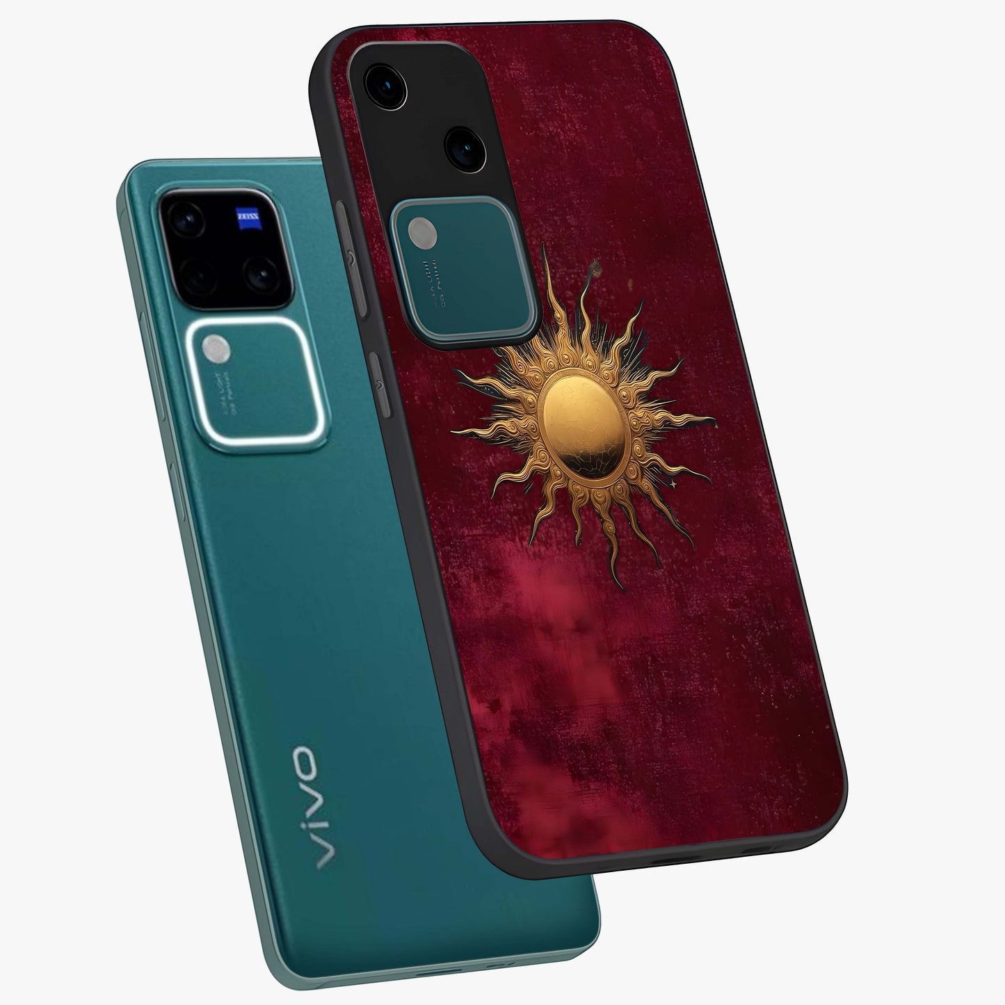 Golden Sun Minimalism Glass Case displayed in angled mockup highlighting clean sun symbol design with modern minimal aesthetic.