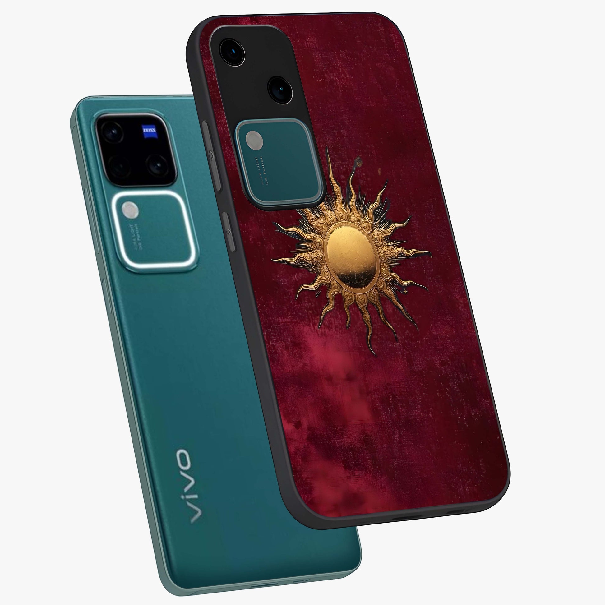 Golden Sun Minimalism Glass Case displayed in angled mockup highlighting clean sun symbol design with modern minimal aesthetic.