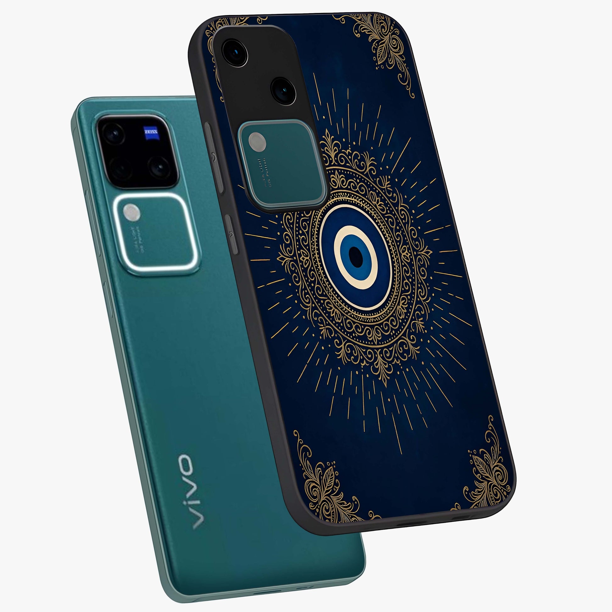 Golden Celestial Charm Glass Case displayed in angled mockup highlighting sparkling cosmic charm design with celestial aesthetic.